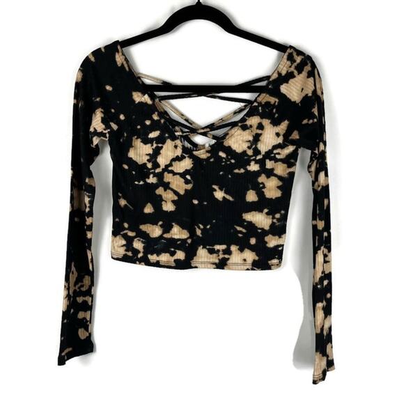 Derek Heart Tops - DEREK HEART Crisscross Tie Dye Long Sleeve V-Neck Crop Top Black/Tan Size Medium